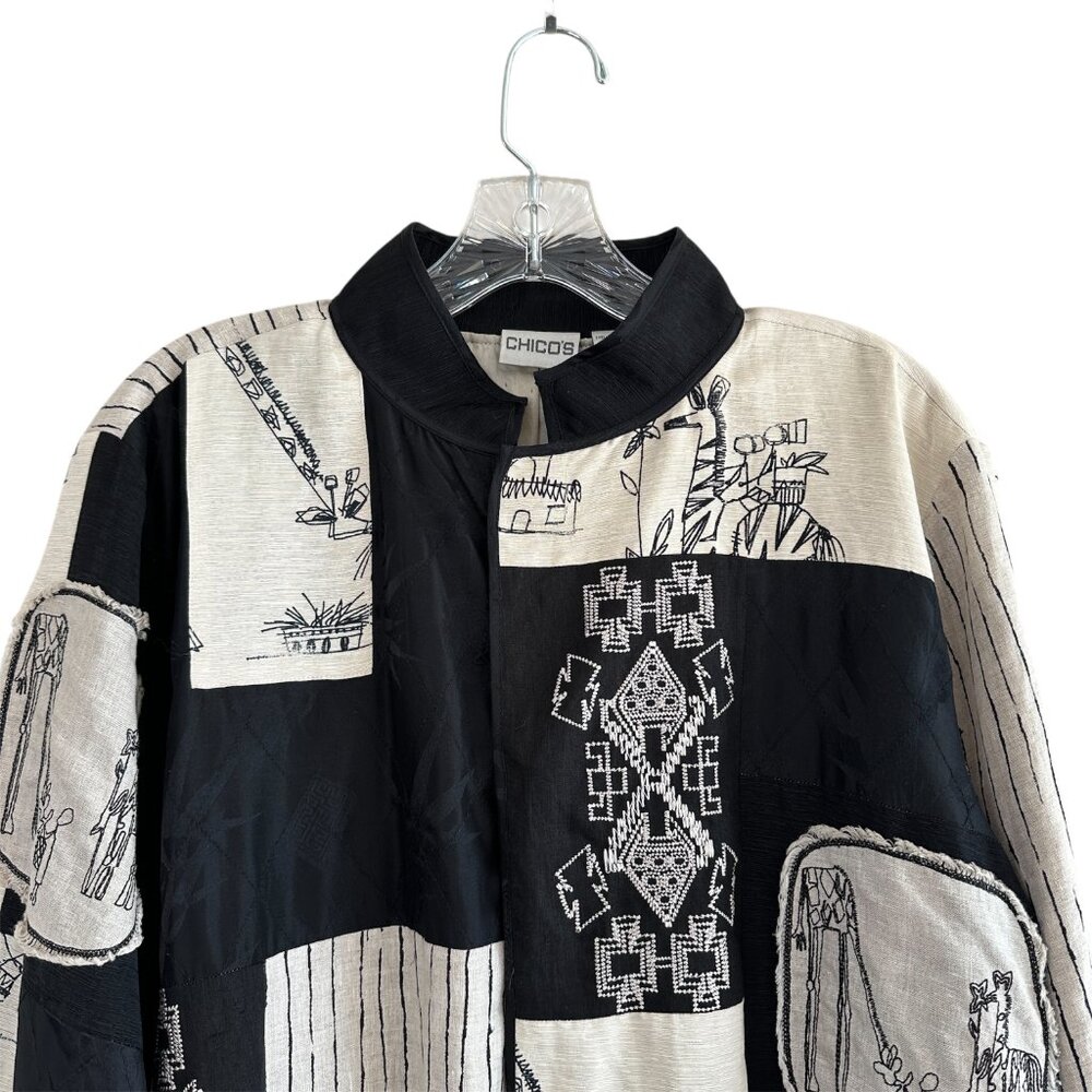 Chico's Silk and Linen Blend Patchwork Art to Wear Jacket, Black Cream, Large - Picture 11 of 11